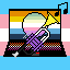 Lucy Robillard's icon, a 64x64 pixel image that shows a trumpet with the colors of the non-binary pride flag playing two eighth notes on top of a computer with a keyboard colored with the colors of the seven striped lesbian sunset pride flag, displaying on it's screen a circle containing the genderfae pride flag with the sunset aroace pride flag in the background, all behind the transgender pride flag.